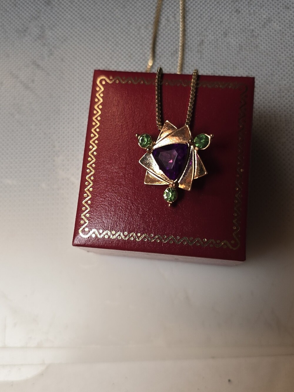 Boho Amethyst Triangle Trillion Green Accents Layered Contempo Pendant Necklace